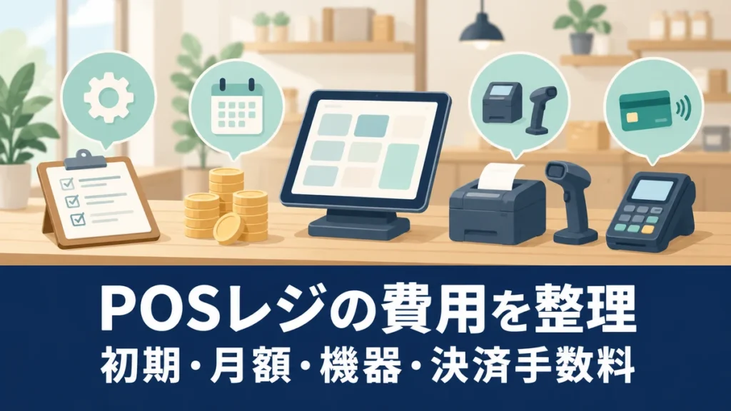 POSレジの費用はいくら？初期・月額・機器・決済手数料の計算方法を表す概念イラスト。実際の製品・管理画面ではありません。