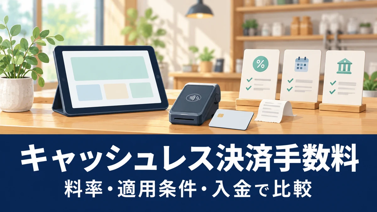 POSレジの決済手数料を比較|料率の条件・入金・ブランド別の計算方法を表す概念イラスト。実際の製品・管理画面ではありません。