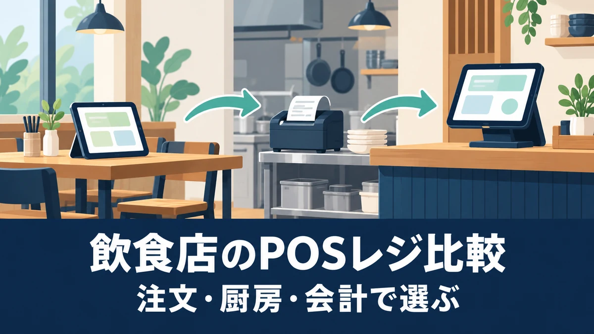 飲食店向けPOSレジ比較|注文方法・料金・必要機器で選ぶを表す概念イラスト。実際の製品・管理画面ではありません。