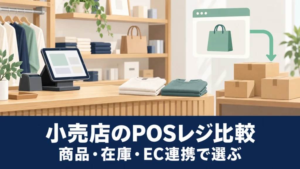 小売店のPOSレジ比較｜商品・在庫・EC連携で選ぶを表す概念イラスト。実際の製品・管理画面ではありません。
