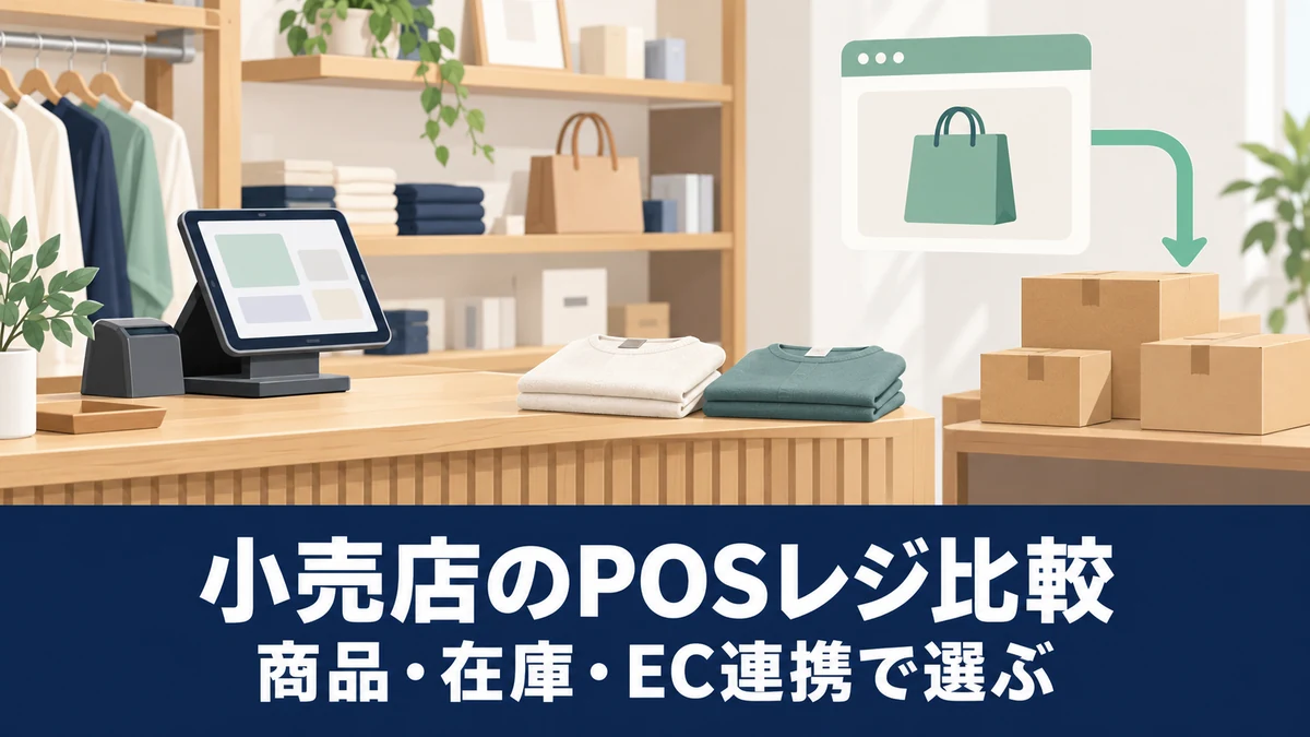 小売店のPOSレジ比較|商品・在庫・EC連携で選ぶを表す概念イラスト。実際の製品・管理画面ではありません。