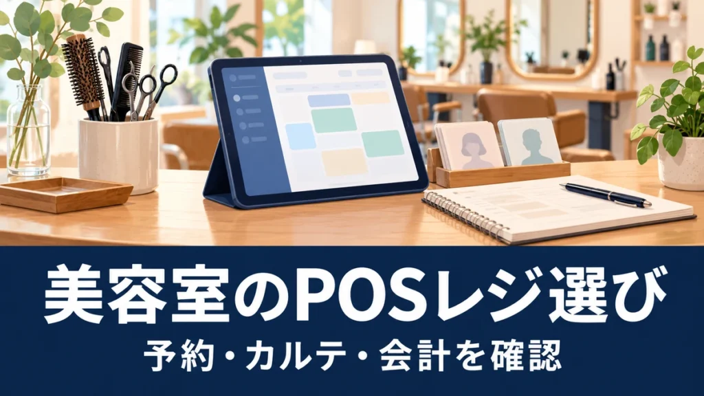 美容室向けPOSレジの選び方｜予約・顧客カルテ・会計の導入条件を比較を表す概念イラスト。実際の製品・管理画面ではありません。