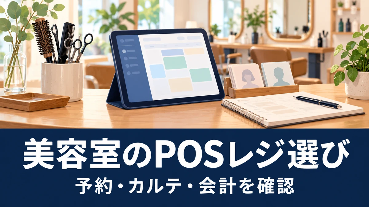 美容室向けPOSレジの選び方|予約・顧客カルテ・会計の導入条件を比較を表す概念イラスト。実際の製品・管理画面ではありません。