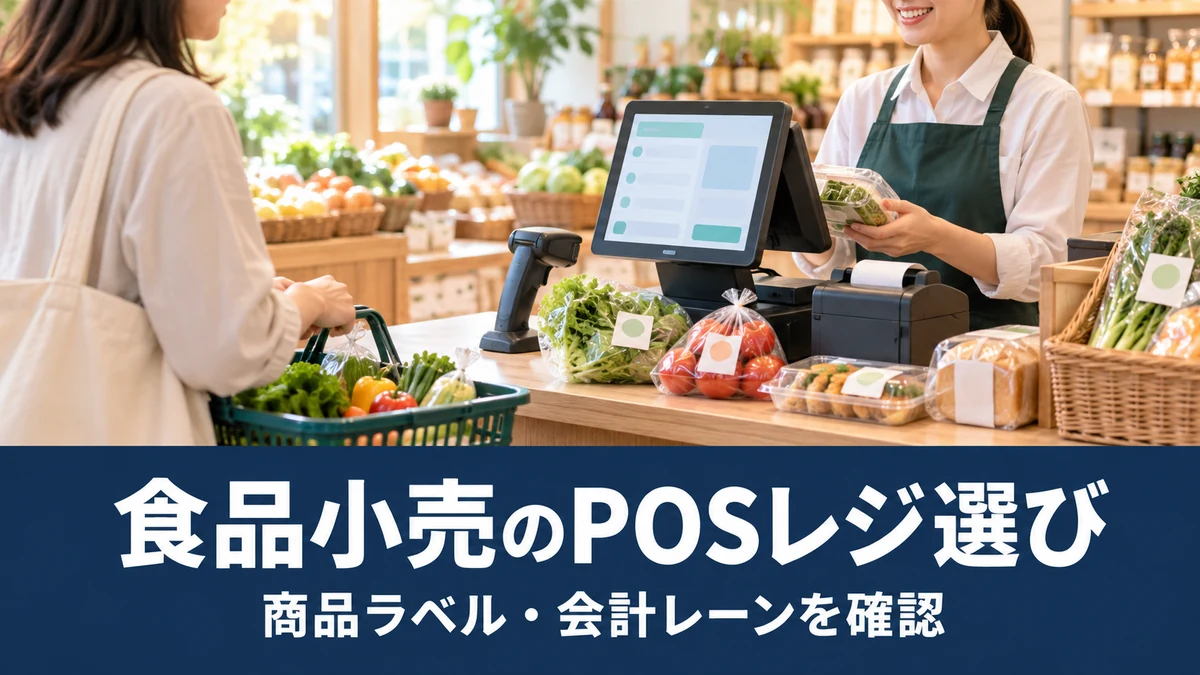 食品小売のPOSレジ選び:商品ラベル・会計レーンを確認を整理する概念イラスト