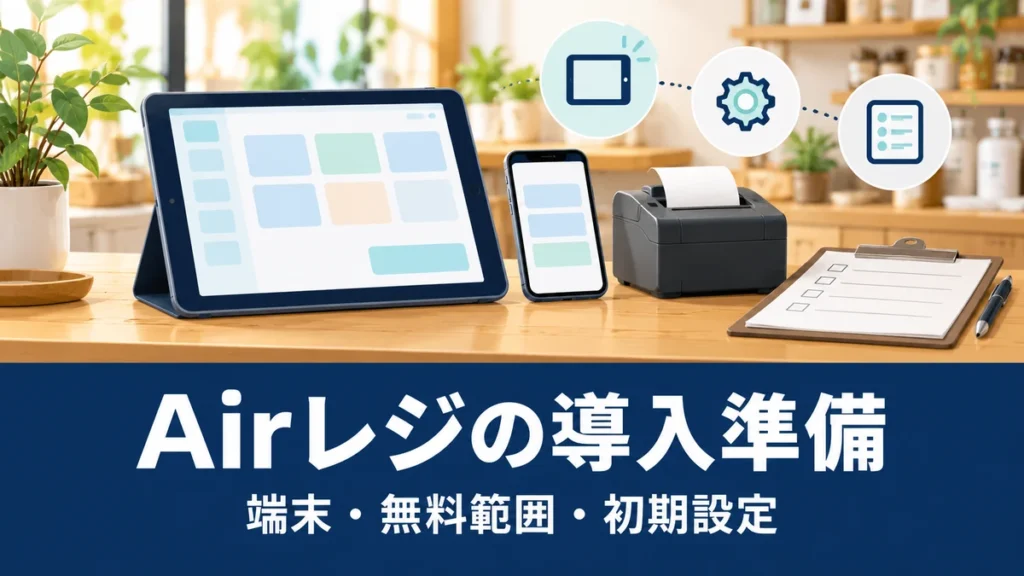 Airレジの導入準備：端末・無料範囲・初期設定を整理する概念イラスト