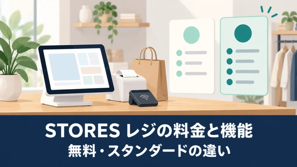 STORES レジの料金と機能｜無料・スタンダードの違いと導入条件を表す概念イラスト。実際の製品・管理画面ではありません。