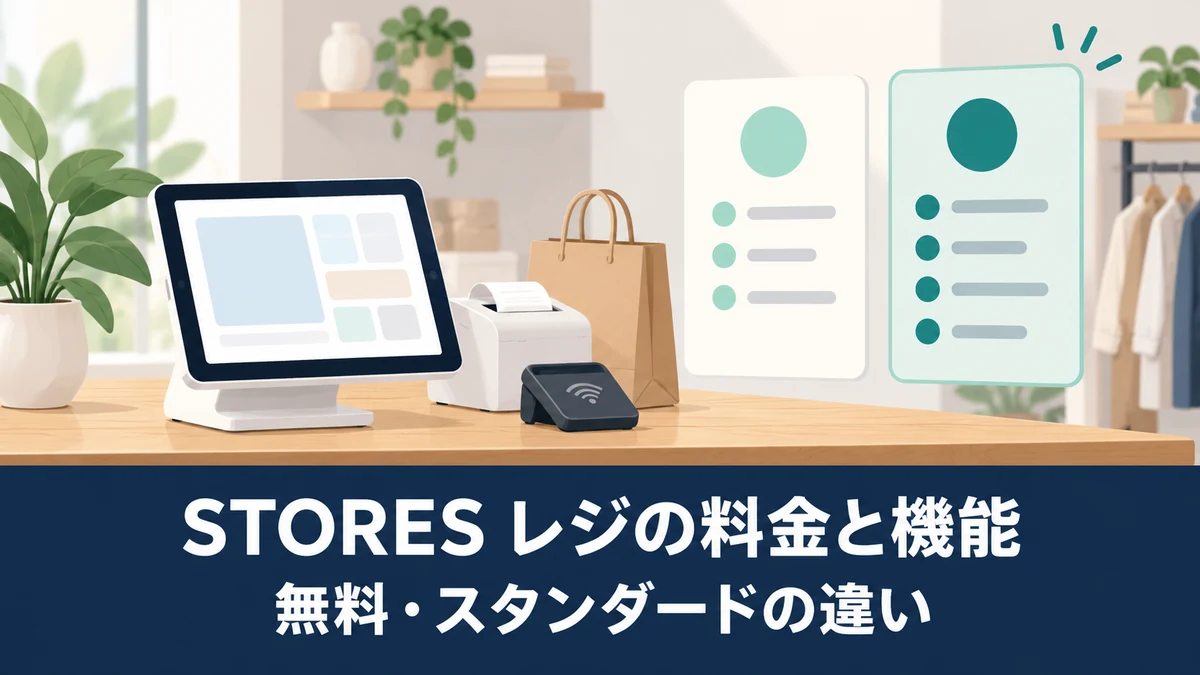 STORES レジの料金と機能|無料・スタンダードの違いと導入条件を表す概念イラスト。実際の製品・管理画面ではありません。
