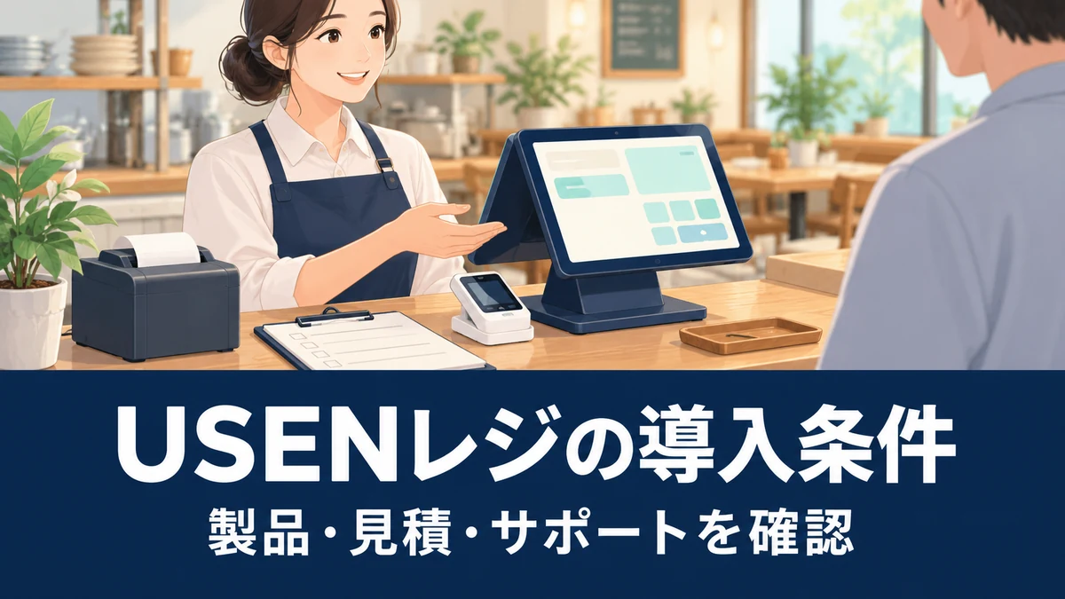 USENレジの導入条件|製品の違い・料金見積もり・サポートを確認を表す概念イラスト。実際の製品・管理画面ではありません。