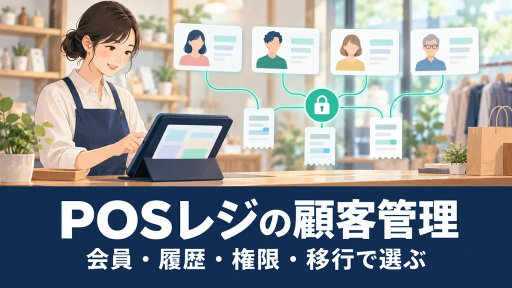 POSレジの顧客管理を比較｜会員識別・購入履歴・権限・データ移行で選ぶを表す概念イラスト。実際の製品・管理画面ではありません。