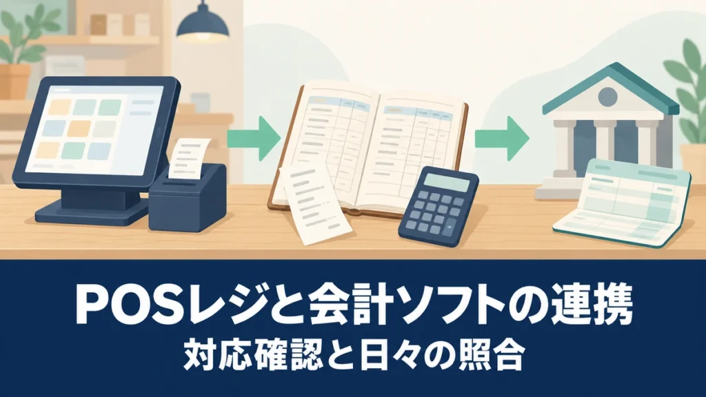 POSレジと会計ソフトの連携｜対応確認と二重計上を防ぐ運用手順を表す概念イラスト。実際の製品・管理画面ではありません。
