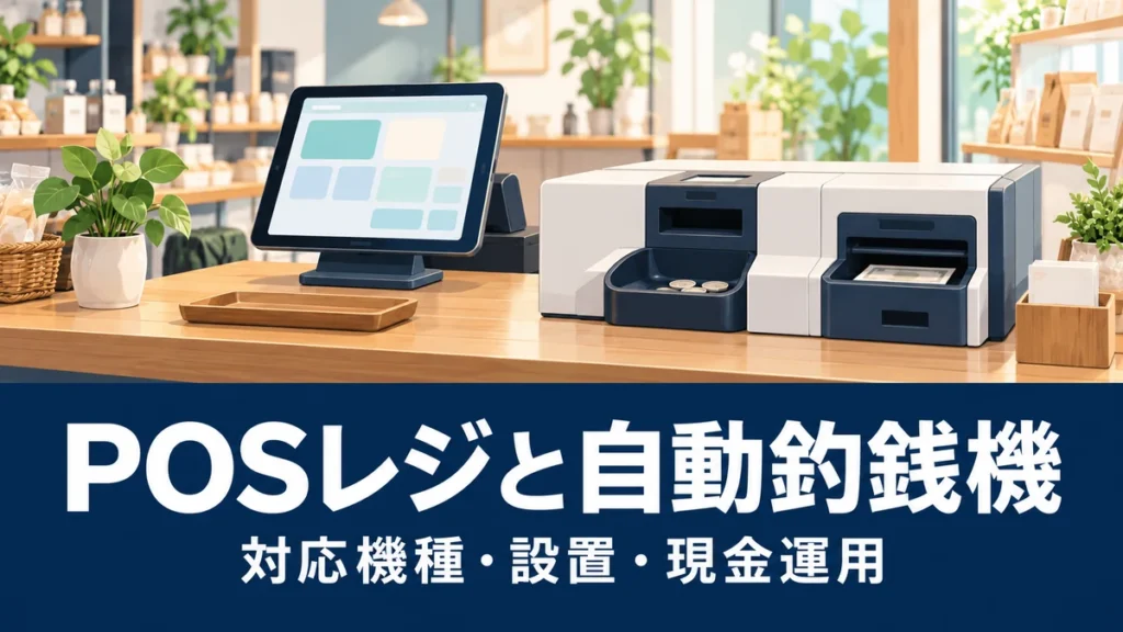 POSレジと自動釣銭機の導入条件｜対応機種・設置・現金運用を確認を表す概念イラスト。実際の製品・管理画面ではありません。