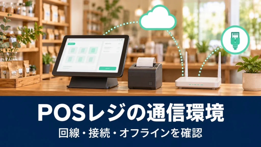 POSレジの通信環境：回線・接続・オフラインを確認を整理する概念イラスト