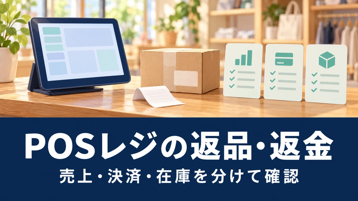 POSレジの返品・返金:売上・決済・在庫を分けて確認を整理する概念イラスト