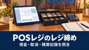 POSレジのレジ締め：現金・取消・精算記録を照合を整理する概念イラスト